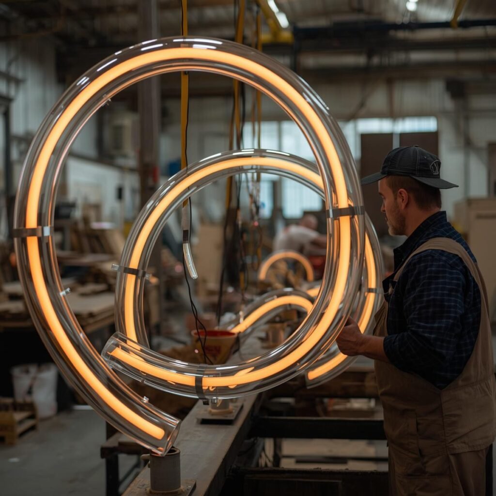 Close-up photo of LED neon flex tubing being shaped during sign fabrication, showing the flexible tubing detail