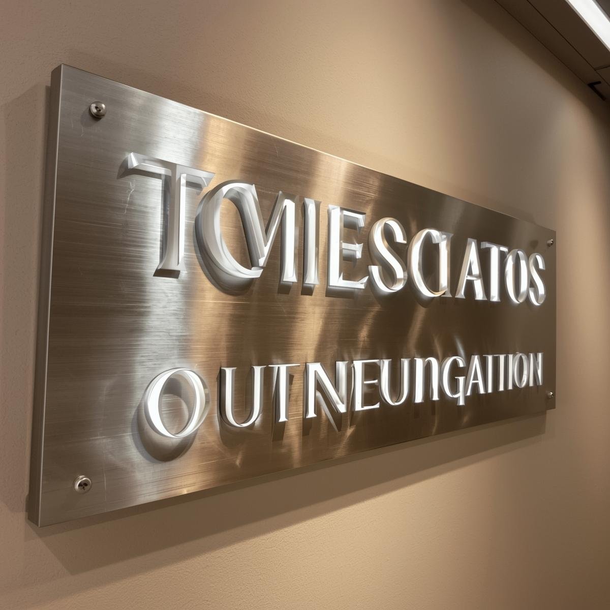 Close-up of a brushed-metal interior wayfinding sign with raised lettering