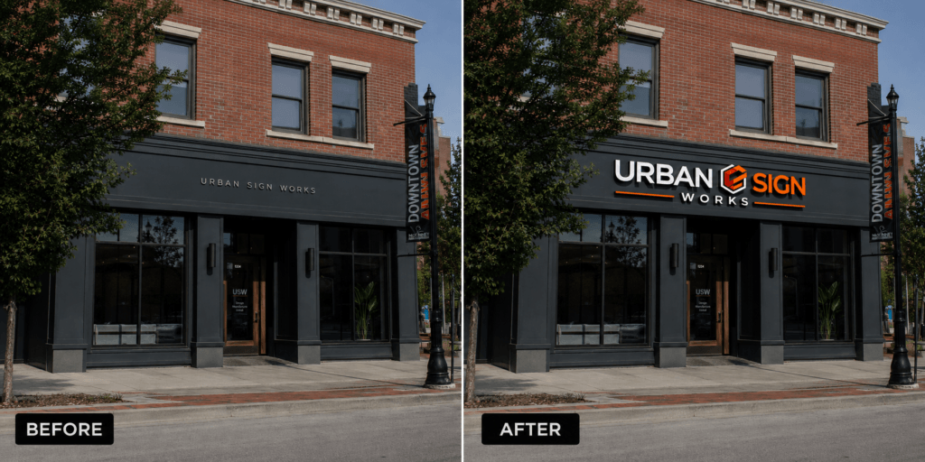 Before-and-after comparison showing how stronger signage improves visibility and business perception.