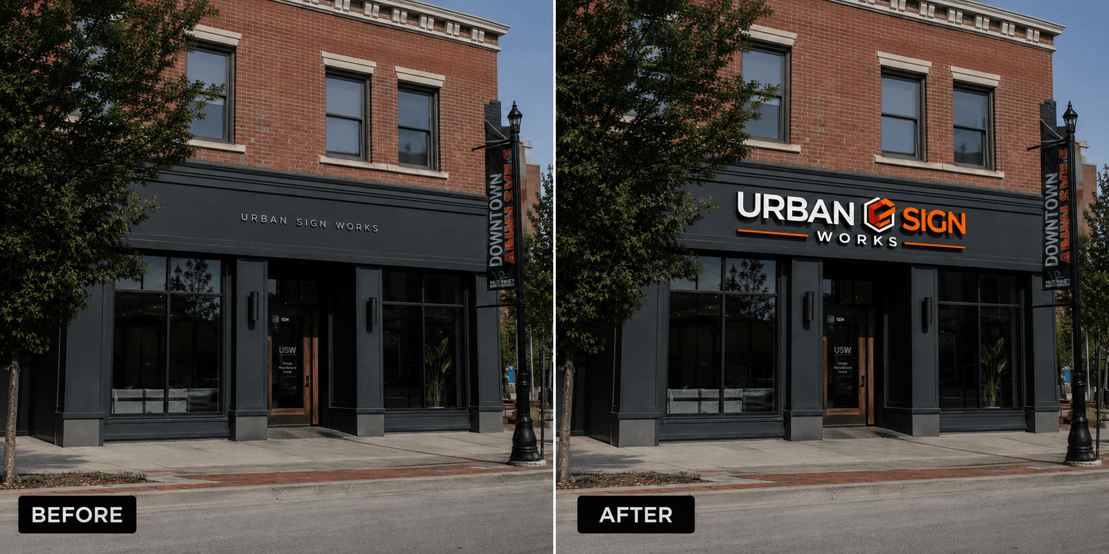 Side-by-side comparison of a storefront sign that matches its brick building versus one that clashes with the facade