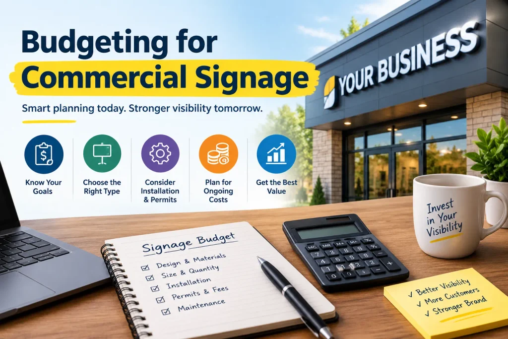 Budgeting for commercial signage with a storefront sign, signage budget checklist, calculator, and planning icons.