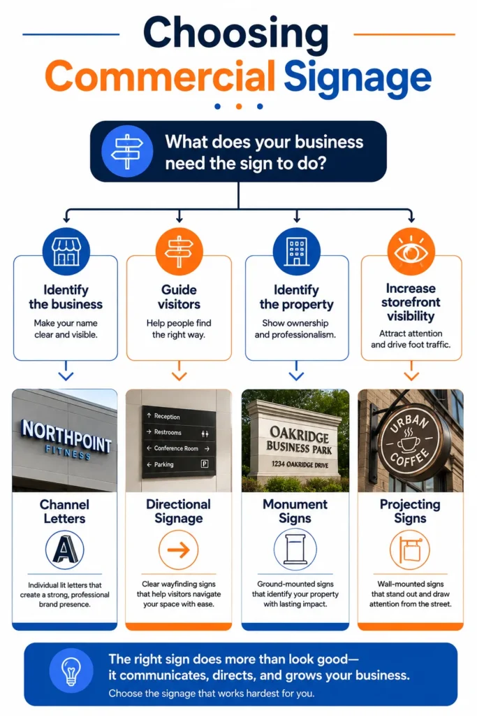 Commercial Signage: A Complete Guide to Choosing the Right Signs for Your Business commercial signage Decision tree for selecting commercial signage based on business purpose and location.