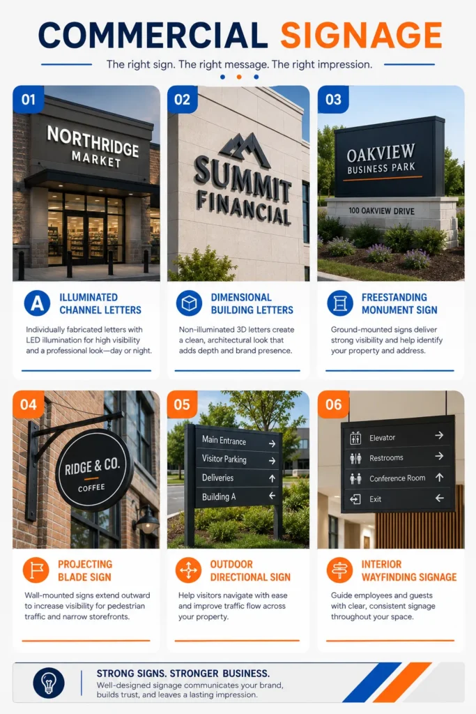 Commercial Signage: A Complete Guide to Choosing the Right Signs for Your Business commercial signage Infographic showing common commercial signage types for businesses.