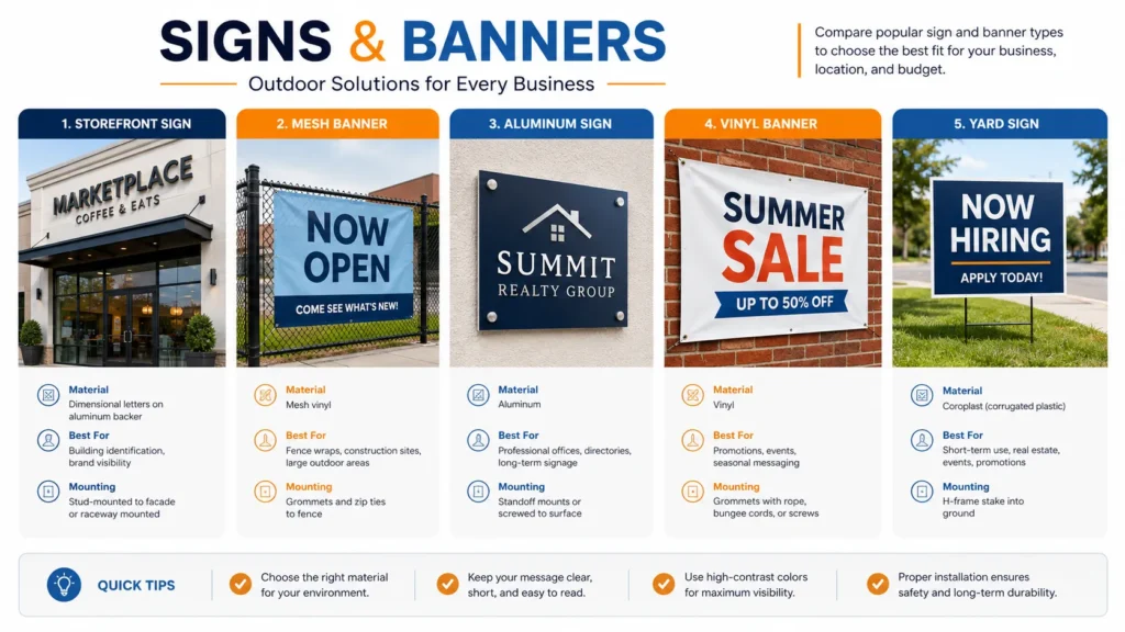 Signs and banners comparison infographic showing different signage types and uses.