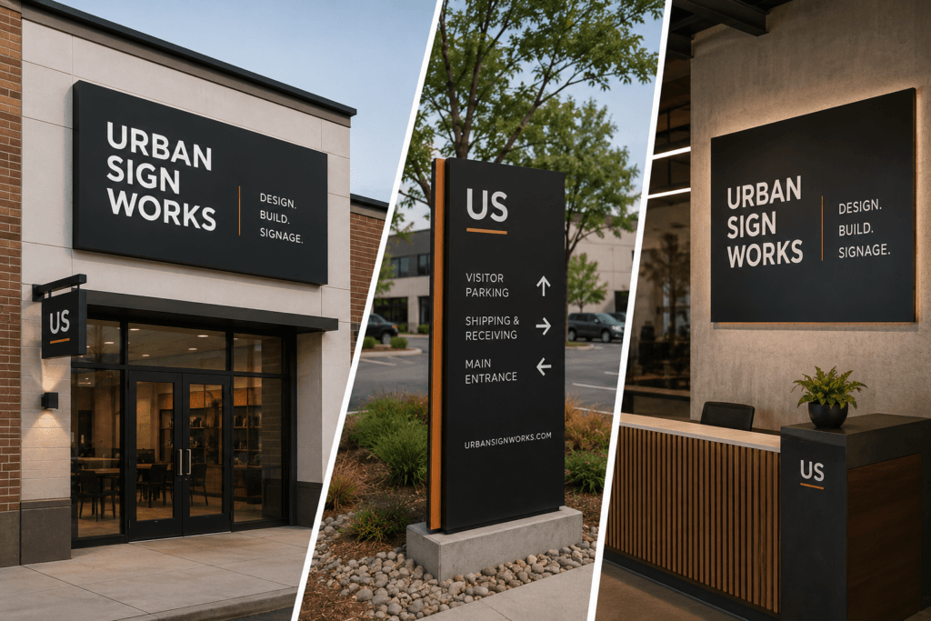 Coordinated business sign system including exterior, wayfinding and lobby signage.