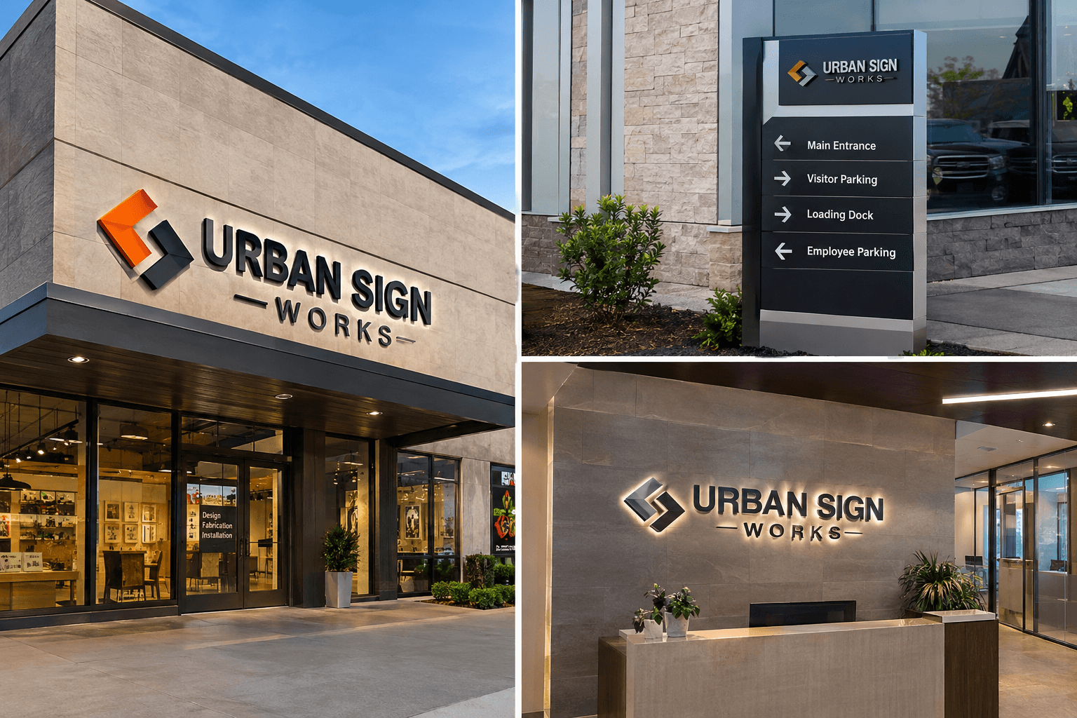 Coordinated signage system across a commercial property — monument, directional and lobby signs