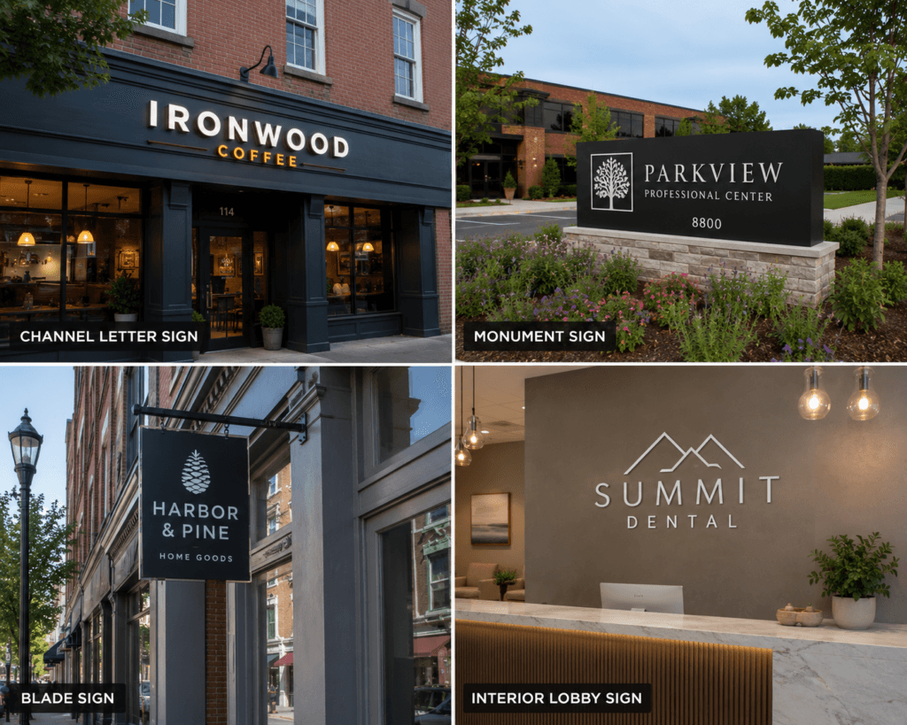 Four-panel collage showing a channel letter sign, monument sign, blade sign and lobby sign.