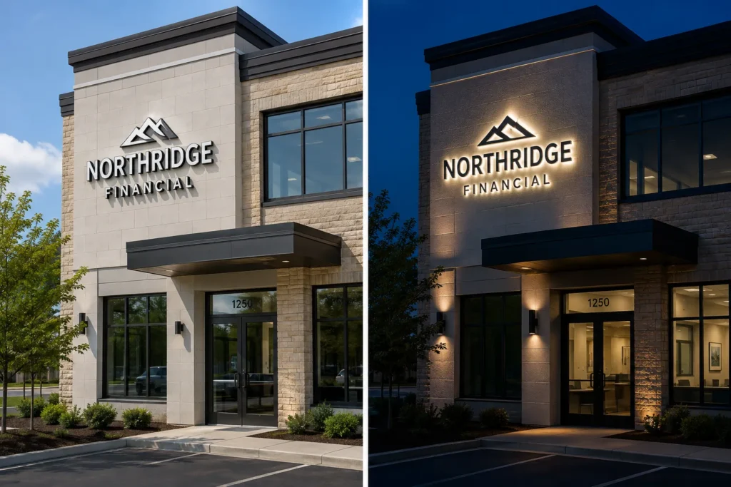 Commercial Signage: A Complete Guide to Choosing the Right Signs for Your Business commercial signage Commercial building sign shown during daytime and nighttime conditions.