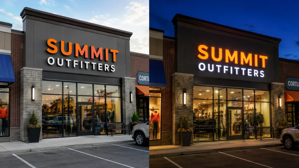 Same commercial storefront shown in daylight and at blue hour with illuminated channel letters becoming more prominent after dark.