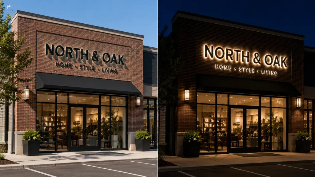 Commercial storefront showing the same illuminated sign during daytime and nighttime conditions.