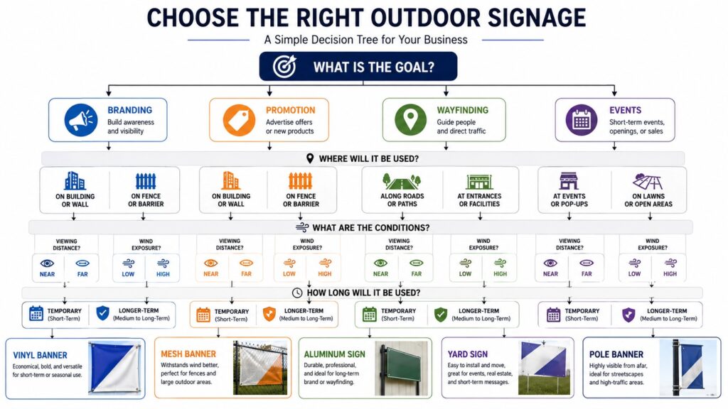 Decision tree for choosing outdoor signs and banners based on purpose, location, wind, and viewing distance.