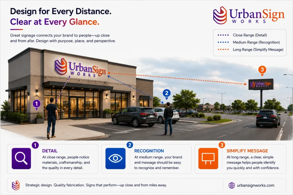 Diagram showing the same illuminated storefront sign from pedestrian, parking-lot and roadside viewing distances.