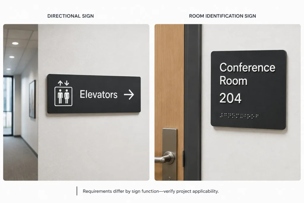 Side-by-side comparison of a visual directional sign and a tactile permanent room-identification sign with braille.