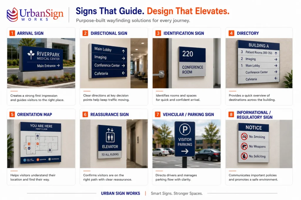 Infographic showing arrival, directional, identification, directory, map, reassurance, parking and informational wayfinding signs.
