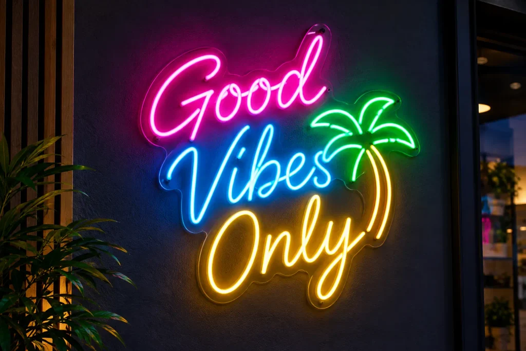 Good Vibes neon sign with colorful glowing lights on a dark wall
