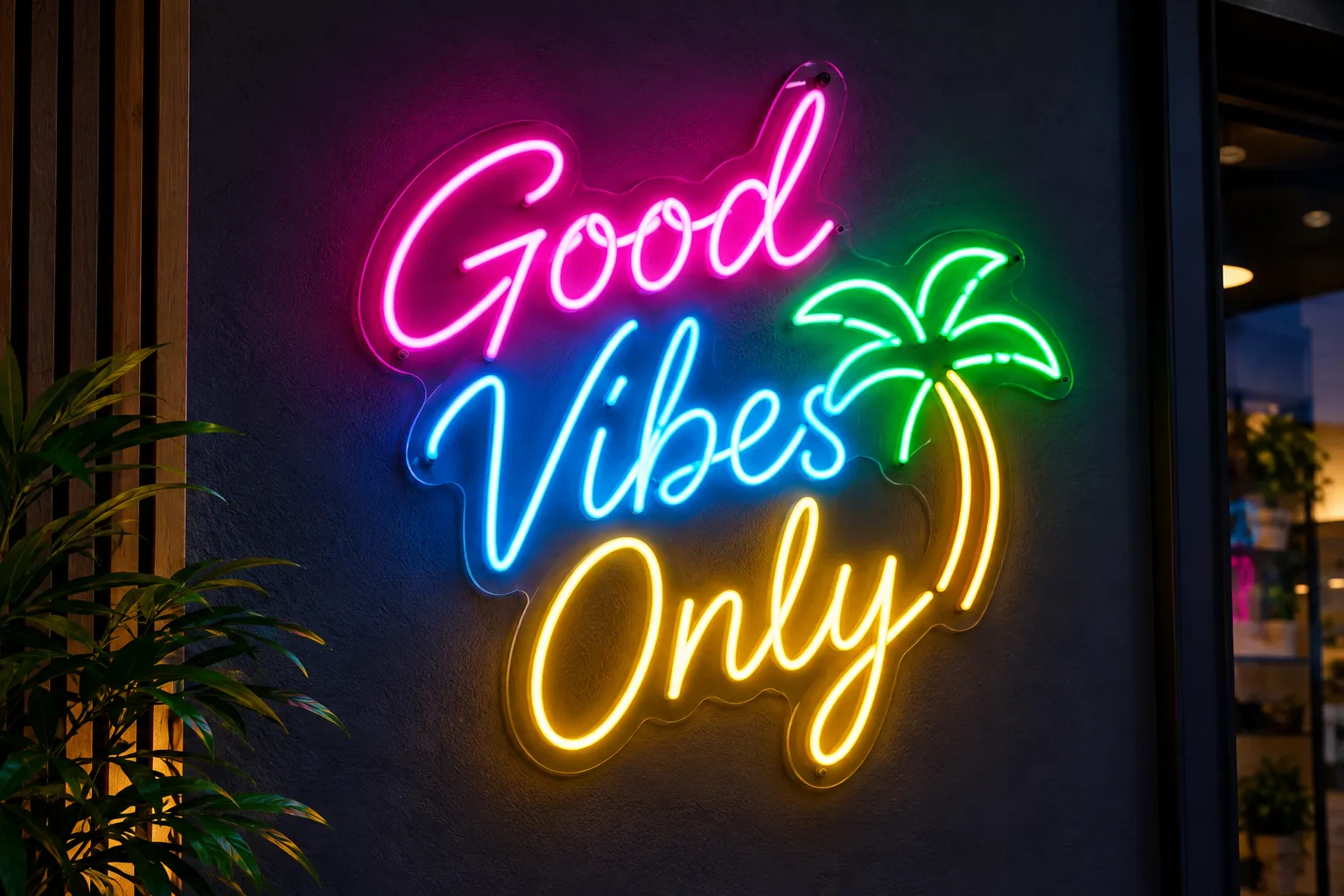 Pink "Good Vibes Only" LED neon script sign with a palm tree on a dark feature wall in a commercial bar, arranged as a photo spot for guests