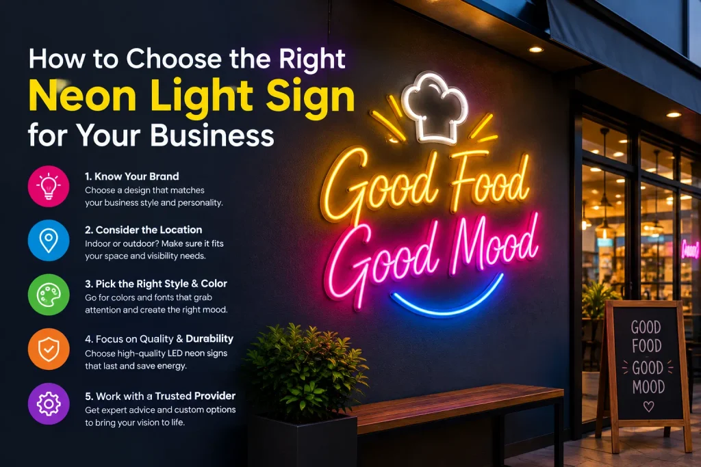 How to choose the right neon light sign for your business, showing a colorful illuminated storefront sign.