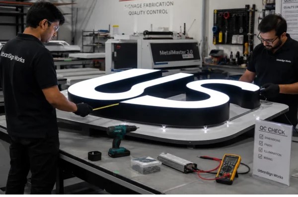 Sign-fabrication team checking an illuminated channel letter for even lighting and build quality.