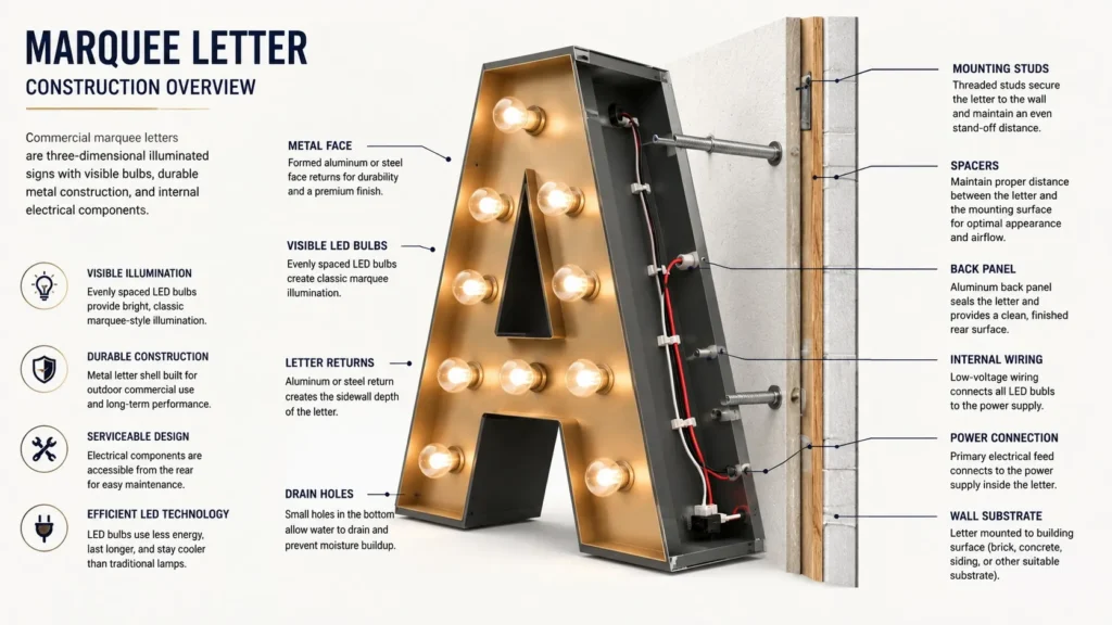 Marquee Lights: A Complete Guide to Lighted Letters, Signs & Creative Displays Marquee Lights iagram showing the components of a custom illuminated Marquee Lights