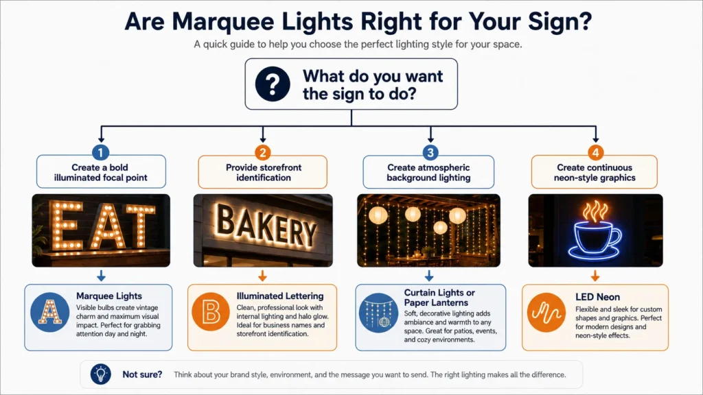 Marquee Lights: A Complete Guide to Lighted Letters, Signs & Creative Displays Marquee Lights Marquee Lights decision tree comparing marquee lights, illuminated lettering, curtain lights or paper lanterns, and LED neon for different signage needs.