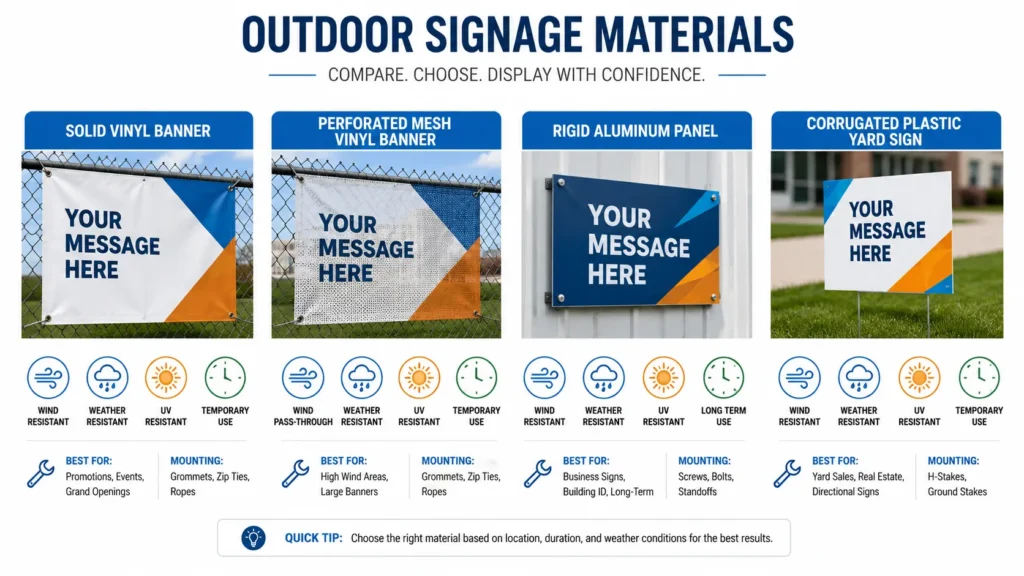 Outdoor signage material comparison showing vinyl, mesh, aluminum, and corrugated plastic.