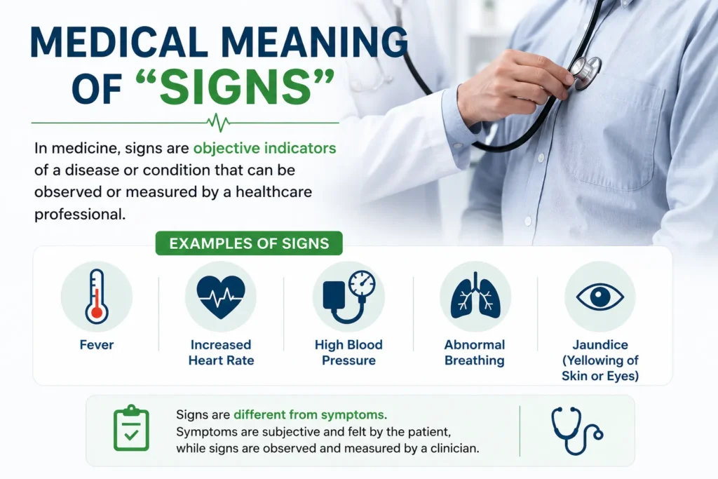 Signs Meaning: A Complete Guide to Signs, Symbols, and Their Uses Signs Meaning Medical infographic showing signs such as fever, heart rate, blood pressure, breathing, and jaundice.