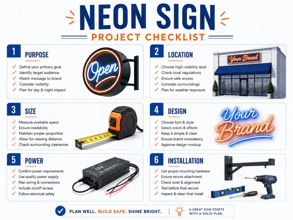 Neon Light Sign: A Complete Guide for Modern Businesses Neon Light Sign Neon light sign project checklist covering design, location, mounting, power, and installation.