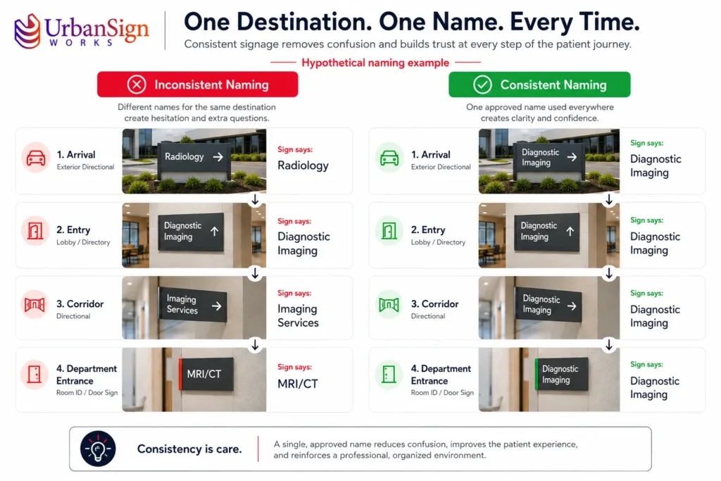 Infographic showing inconsistent destination names across parking, directory, corridor and door signs corrected to one standard name.