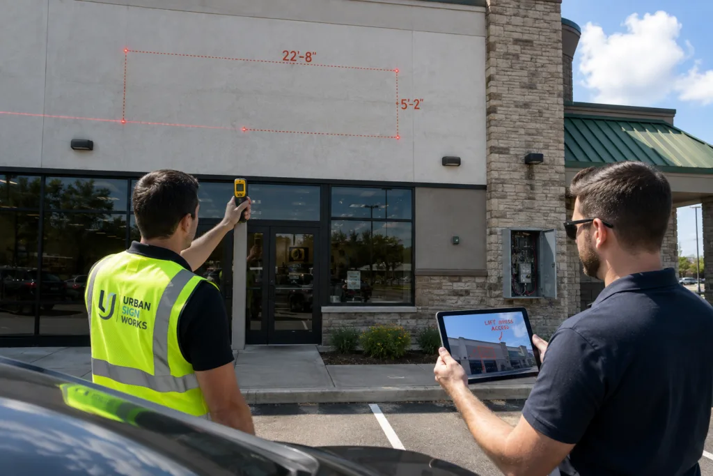 Sign installer performing a pre-installation site survey at a storefront, measuring the wall for an illuminated channel letter installation