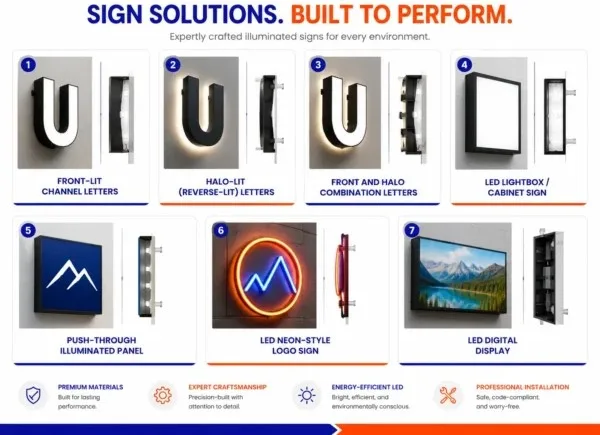 Side-by-side comparison of seven types of illuminated signs: channel letters, lightbox cabinet, LED neon, halo-lit letters, push-through, marquee, and infinity mirror signs