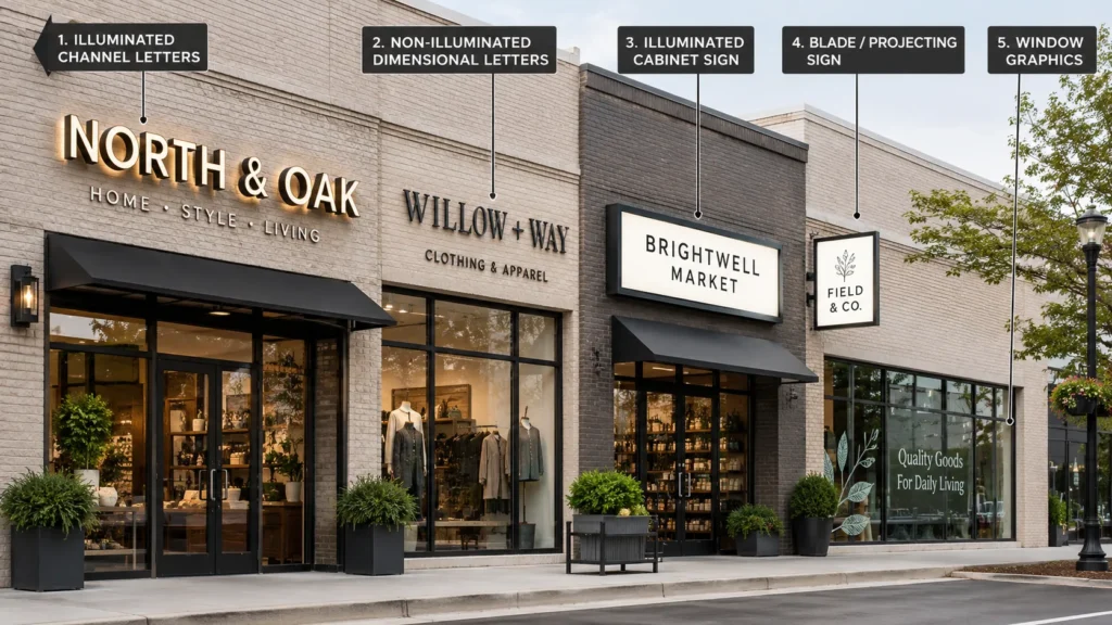  Comparison of channel letters, dimensional letters, cabinet sign, blade sign, and window graphics on a commercial storefront.
