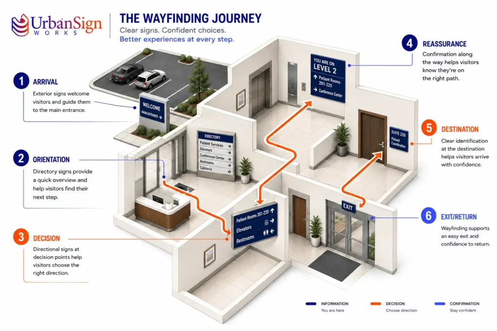 Illustrated route from parking and entrance through orientation, decision points, reassurance signs and final destination.