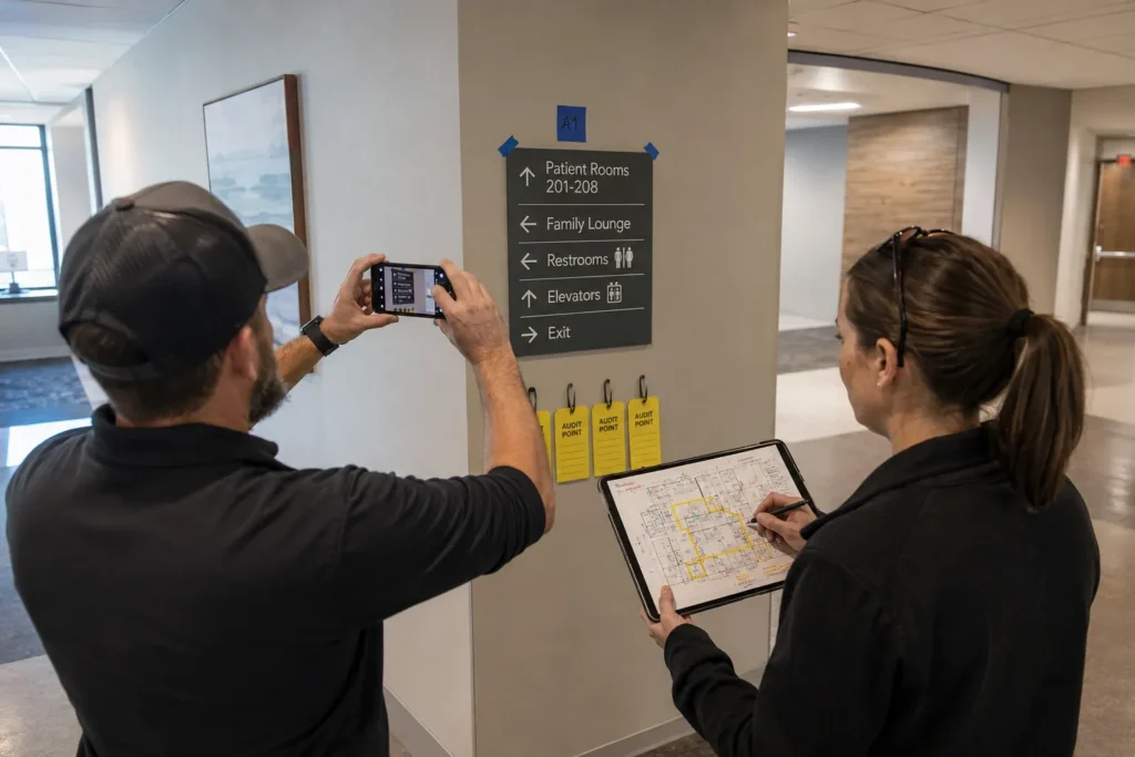 Facilities and signage team photographing a wayfinding decision point and marking the route on a floor plan.