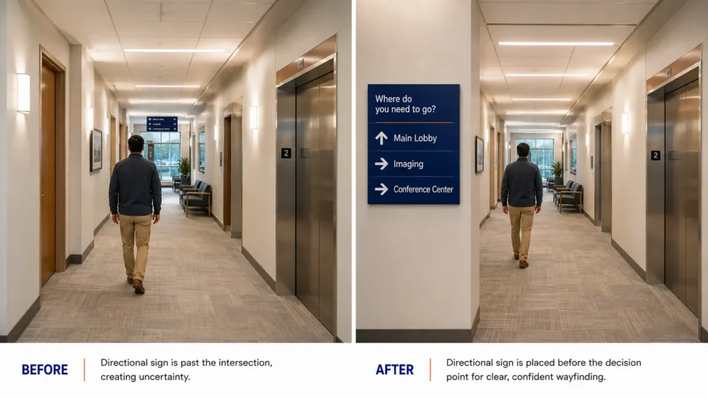 Before-and-after corridor intersection showing a late directional sign corrected to the actual decision point.