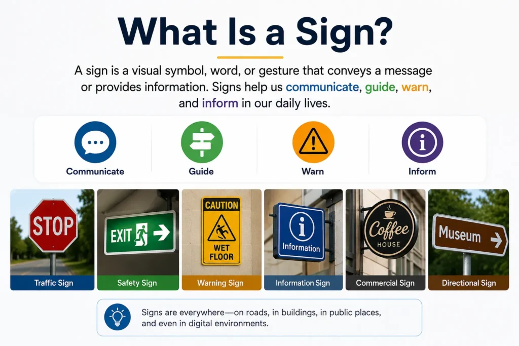 Signs Meaning: A Complete Guide to Signs, Symbols, and Their Uses Signs Meaning Infographic explaining signs with traffic, safety, warning, information, commercial, and directional sign examples.