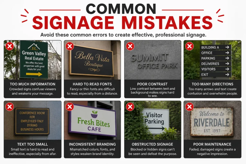 What Is Signage? Definition, Types, Importance, and Common Uses What is Signage Infographic showing eight common signage mistakes.
