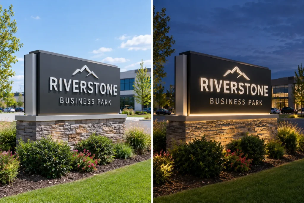 Monument Sign: A Complete Guide to Custom Commercial Monument Signs Illuminated custom monument signs shown during daytime and nighttime conditions at a commercial property.