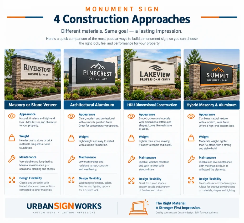 Monument Sign: A Complete Guide to Custom Commercial Monument Signs Comparison of masonry, aluminum, HDU, and hybrid materials used for monument sign.