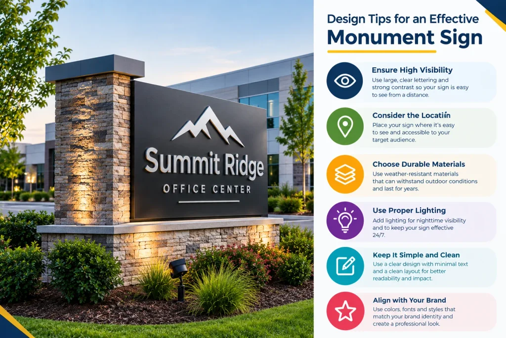 Design tips for creating an effective monument sign with clear lettering, strong visibility, durable materials, and professional branding.