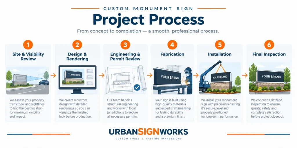 Monument Sign: A Complete Guide to Custom Commercial Monument Signs commercial Monument sign project process from site survey and design through permitting, fabrication, and installation.