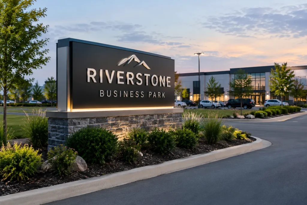 Monument Sign: A Complete Guide to Custom Commercial Monument Signs monument signs at the entrance of a commercial property with landscaped surroundings.