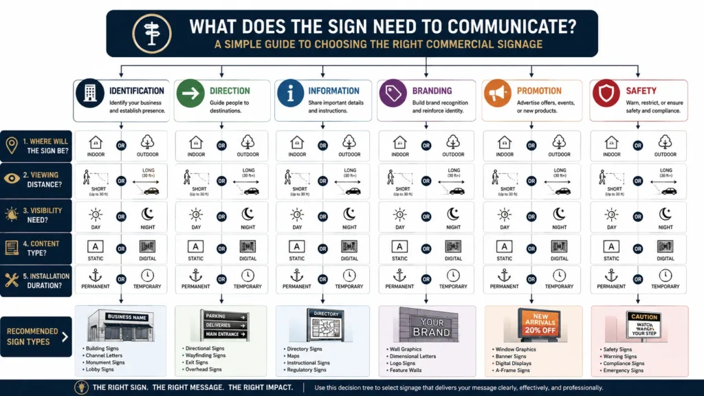 What Is Signage? Definition, Types, Importance, and Common Uses What is Signage Signage selection decision tree based on purpose, location, viewing distance, and illumination