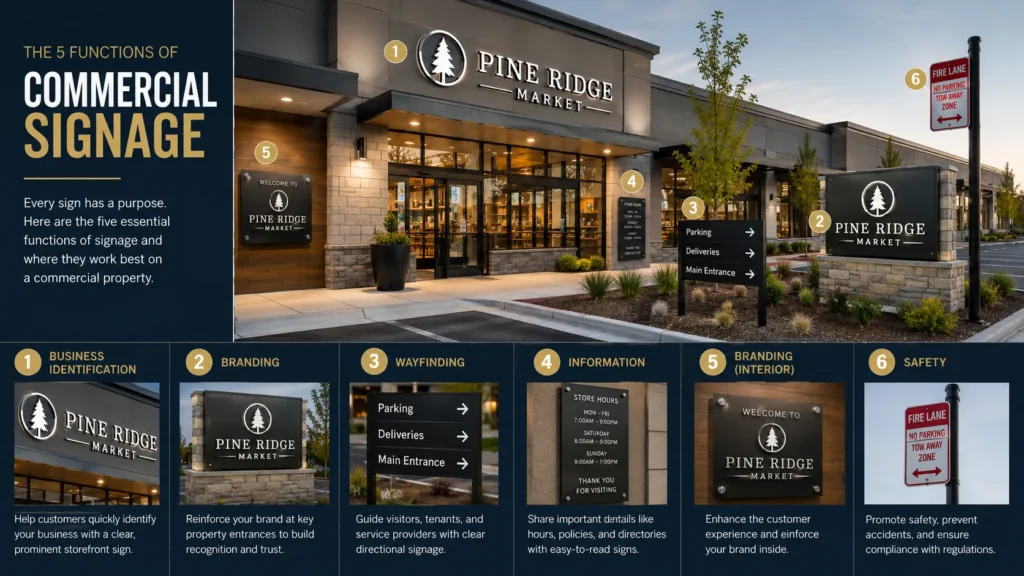 What Is Signage? Definition, Types, Importance, and Common Uses What is Signage Commercial signage examples including storefront, monument, directional, information, and illuminated signs