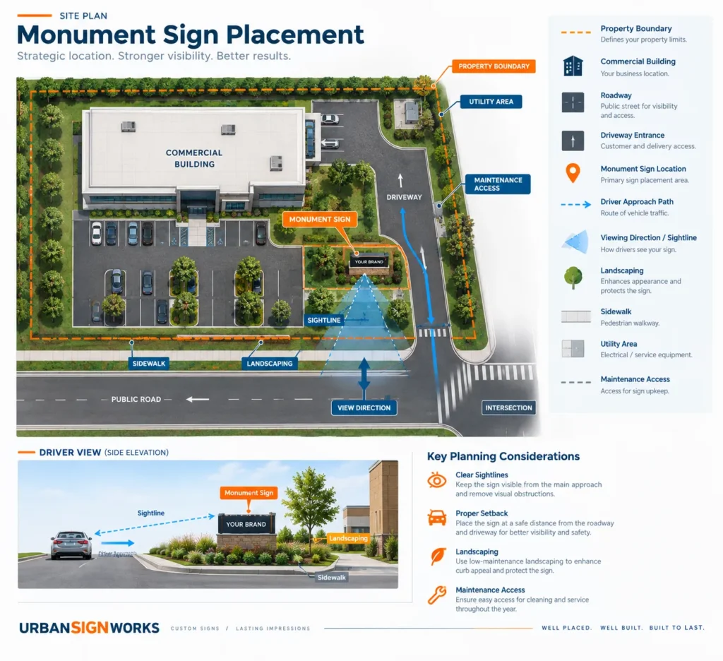 Monument Sign: A Complete Guide to Custom Commercial Monument Signs Site diagram showing monument sign placement near a commercial driveway with roadway approach, landscaping, utilities, and sightline considerations.