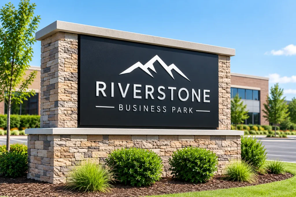 Monument sign for Riverstone Business Park with a stone base, raised lettering, and landscaped surroundings.