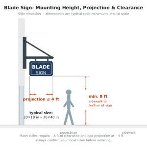 Diagram showing recommended mounting height for blade signs, with clearance measurements from the sidewalk